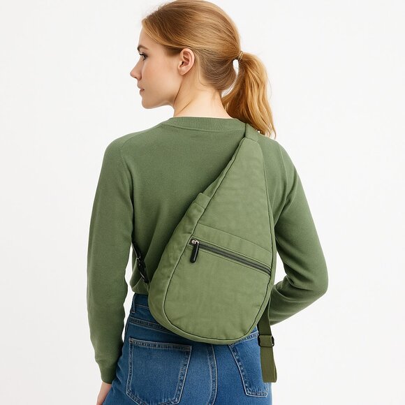 AmeriBag Healthy Back Bag Large 18” Sling Backpack Green Nylon Leather USA - Picture 1 of 6